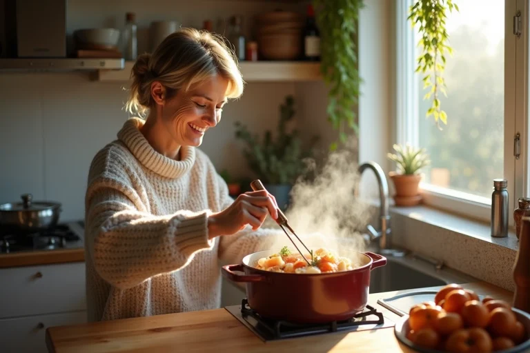 Femme en pull laine cuisine choucroute de la mer chaleureusement