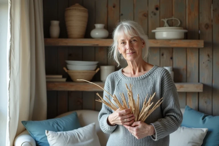 Femme en pull en laine disposant du bois flotté dans une décoration bretonne
