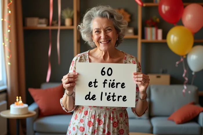 Femme épanouie de 60 ans tenant un panneau humoristique d'anniversaire dans un salon festif décoré de ballons