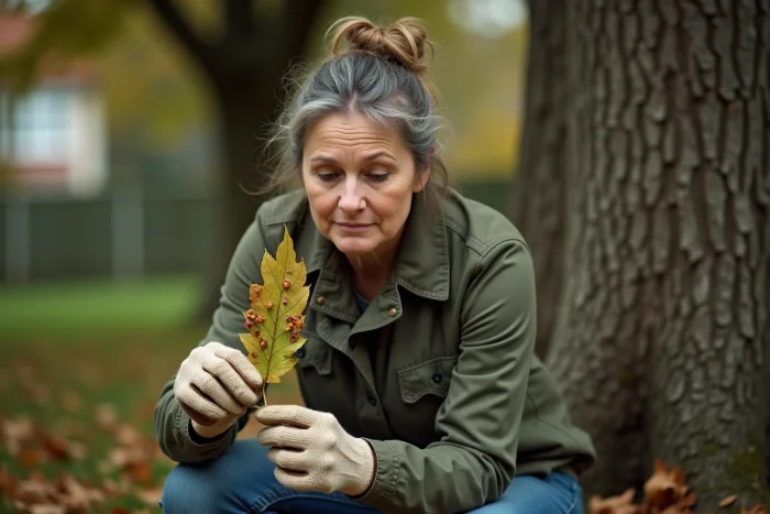 Femme examinant une feuille de chêne couverte de galles avec des gants de jardinage