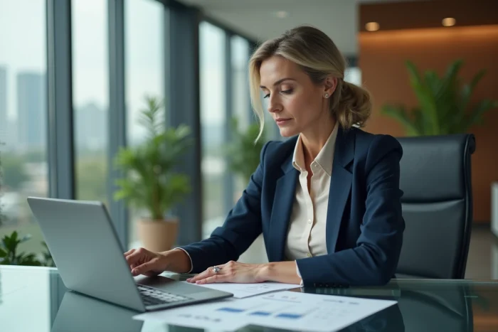 Femme confiante en bureau moderne avec documents financiers