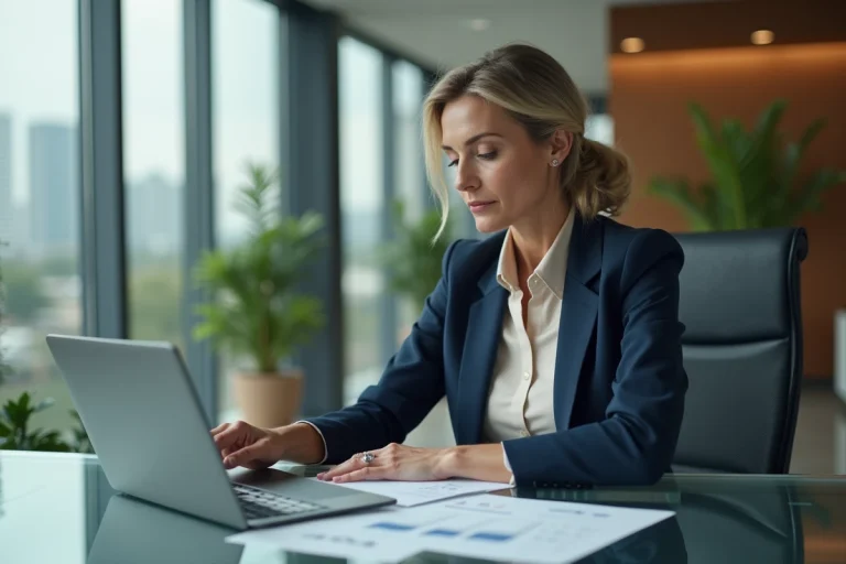 Femme confiante en bureau moderne avec documents financiers