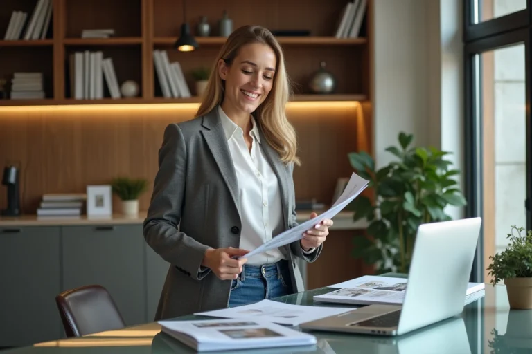 Femme professionnelle souriante dans un bureau immobilier moderne