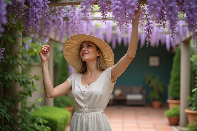 Femme en chapeau de paille et robe en lin dans un jardin avec glycine