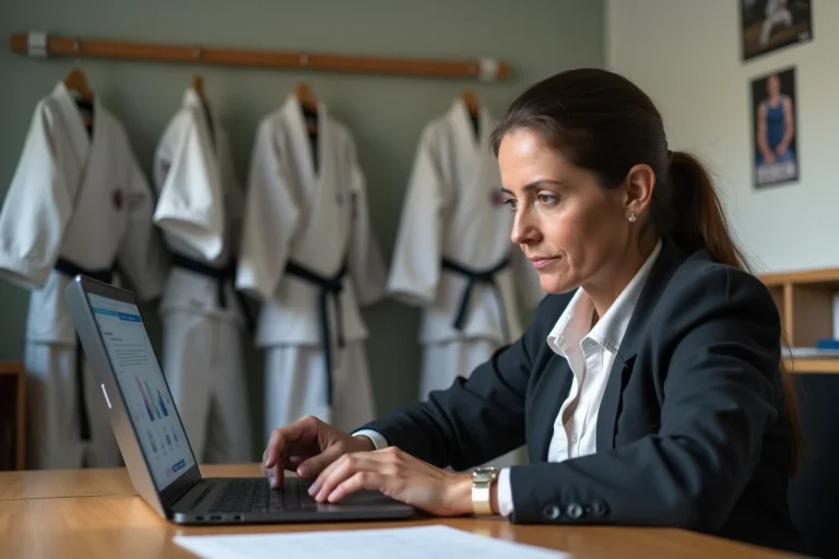 Femme d age moyen configure le site FFJDA dans un bureau de club de judo