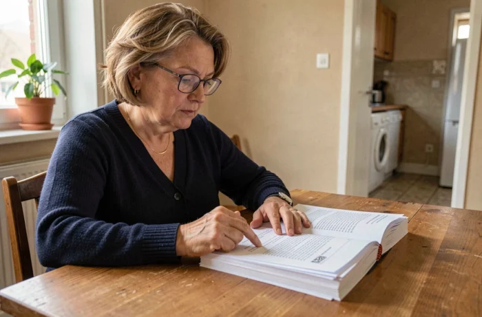 Femme lisant attentivement les clauses d'un bail HLM à la table de sa cuisine