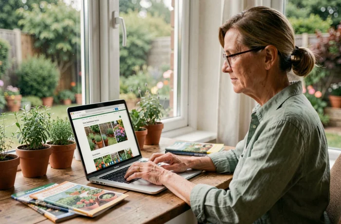 Femme d'une quarantaine d'années consultant un site de jardinage sur son ordinateur portable, entourée de plantes en pot et de catalogues de graines sur un bureau en bois près d'une fenêtre donnant sur un jardin verdoyant