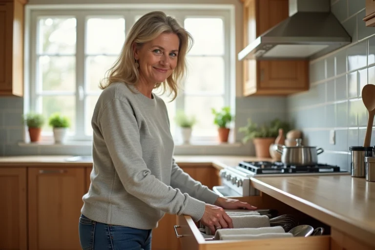 Femme organisée dans une cuisine lumineuse et chaleureuse