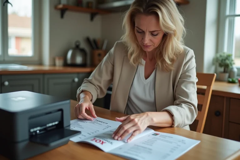 Femme en casual photocopiant son passeport à la maison