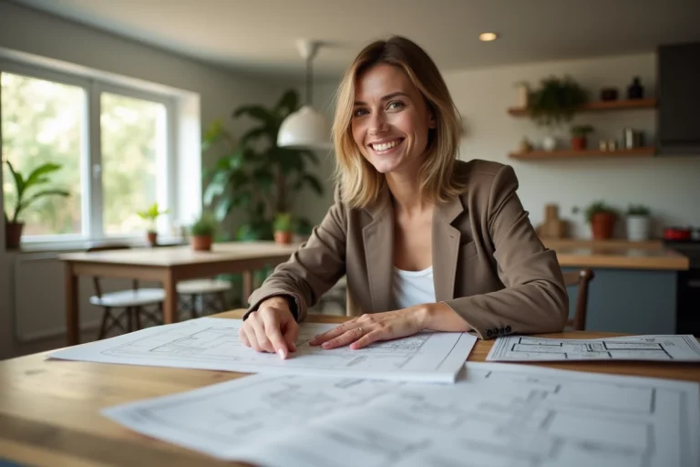 Femme souriante regardant des plans de construction