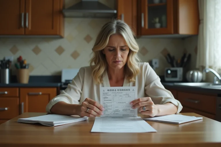Femme modeste regarde un reçu Western Union dans la cuisine