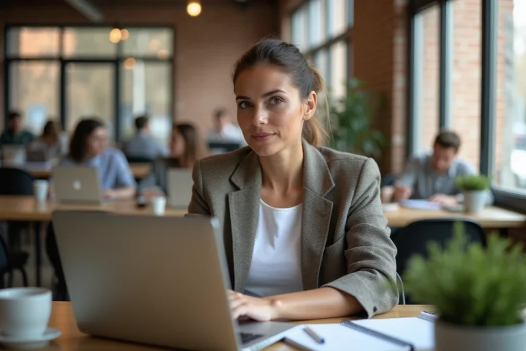 Femme professionnelle réfléchissant à sa reconversion professionnelle devant un ordinateur portable dans un espace de co-working moderne