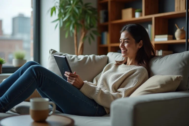 Jeune femme détendue regardant une tablette dans un salon cosy