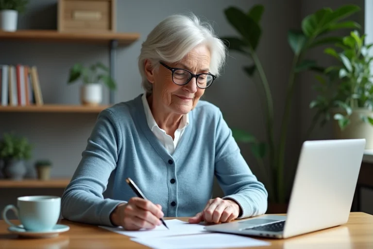Femme senior en cardigan bleu compare documents et écran