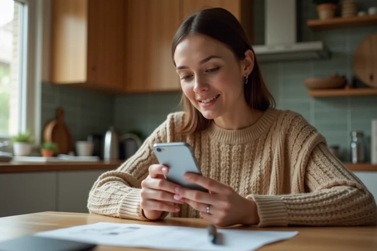 Femme assise à la cuisine regarde son smartphone avec une carte virtuelle