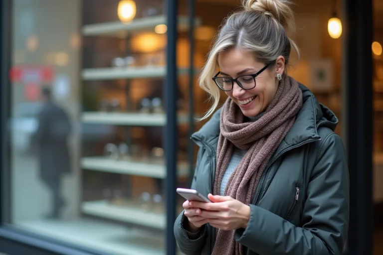 Femme d'âge moyen souriante vérifiant son smartphone devant une vitrine d'opticien
