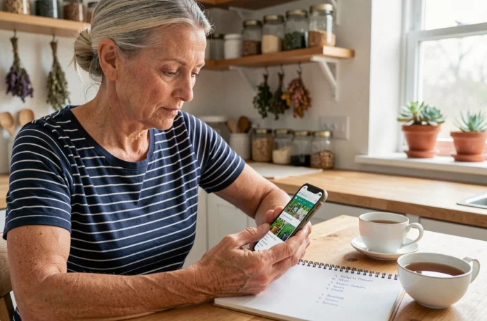 Femme d'une cinquantaine d'années aux cheveux grisonnants consulte un site de jardinage sur son smartphone à une table de cuisine lumineuse, avec un bloc-notes manuscrit, une tasse de thé et des herbes séchées en décor