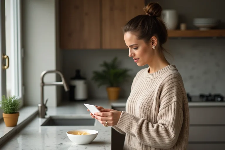 Femme en sweater regardant la crème Budwig dans la cuisine