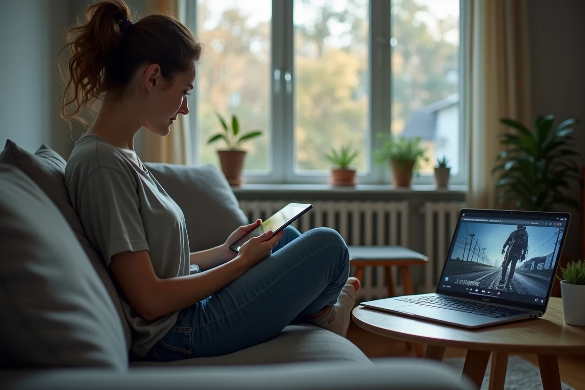 Jeune femme regardant un film sur sa tablette dans un salon cosy
