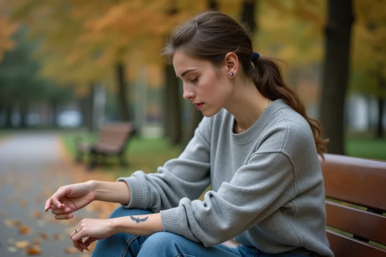 Jeune femme avec tatouage d'oiseau dans un parc automnal