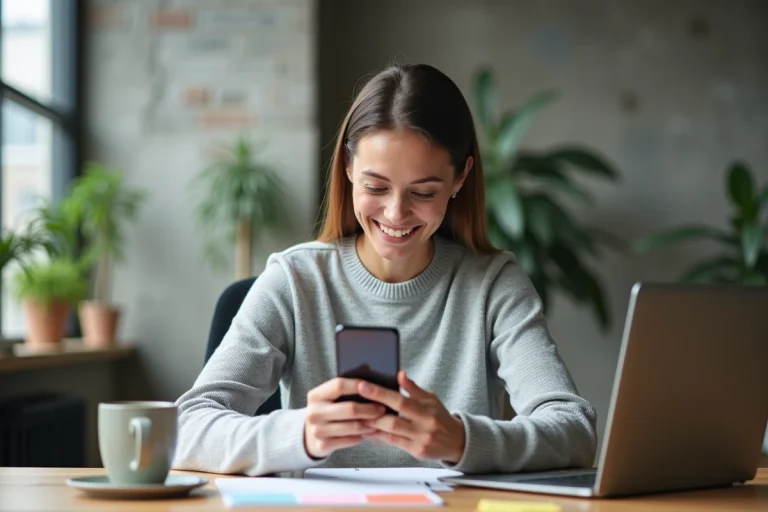 Femme consultant les dernières tendances numériques sur son smartphone dans un espace de travail moderne