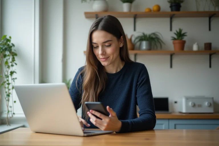Jeune femme utilisant son ordinateur et smartphone à la maison
