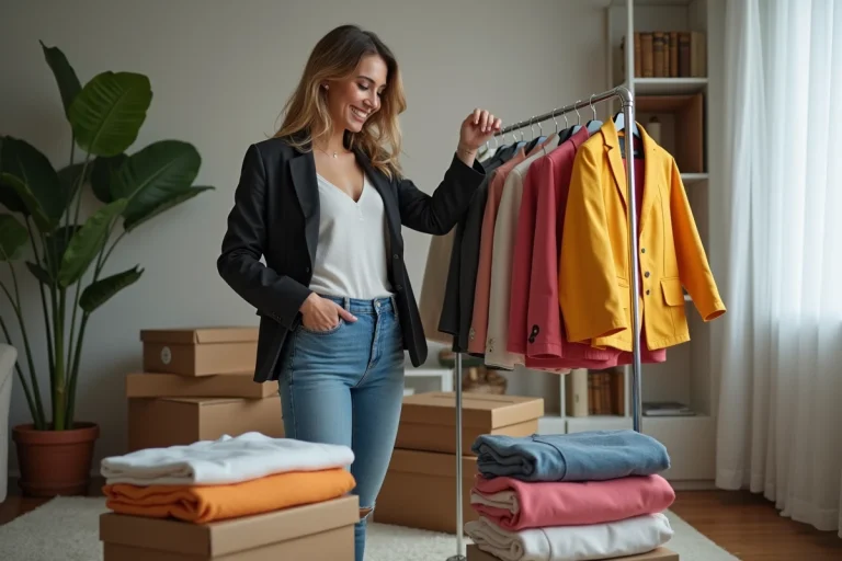 Femme stylée triant des vêtements de marque dans un salon moderne