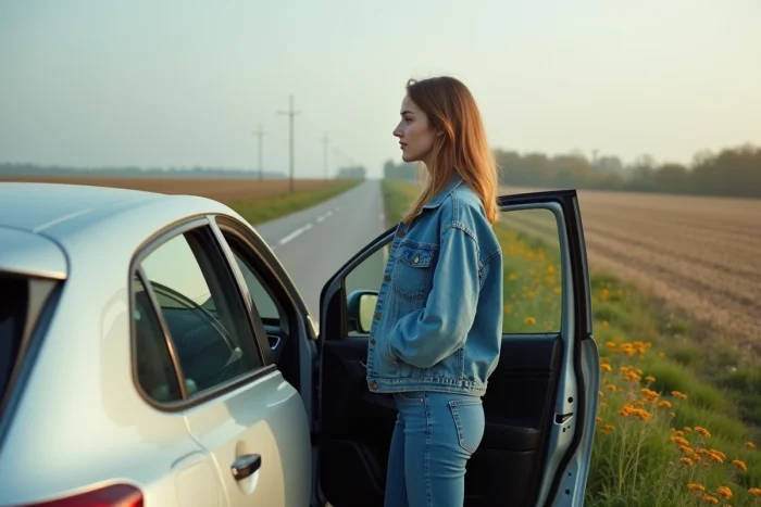 Jeune femme à côté d'une voiture en campagne