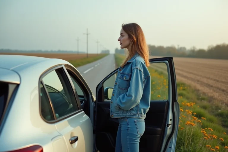 Jeune femme à côté d'une voiture en campagne