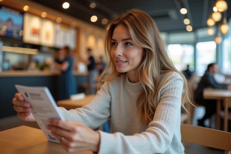 Femme avec bon cadeau dans un restaurant moderne