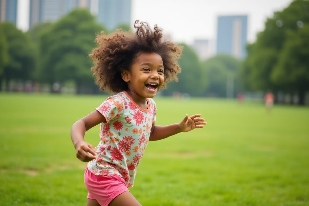 Fille joyeuse courant dans un parc urbain ensoleille