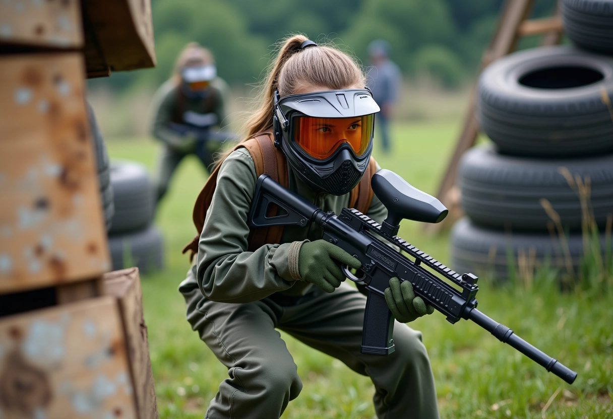 Jeune fille en position de tir dans un jeu de paintball en extérieur
