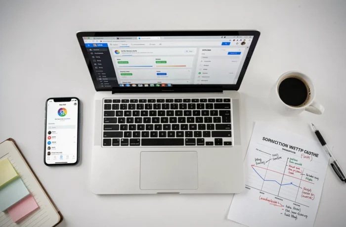 Vue aérienne d'appareils numériques et d'une fiche comparative pour choisir entre logiciel, progiciel et application