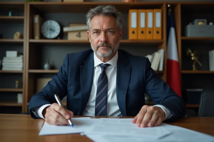 Fonctionnaire français en costume examinant des documents officiels