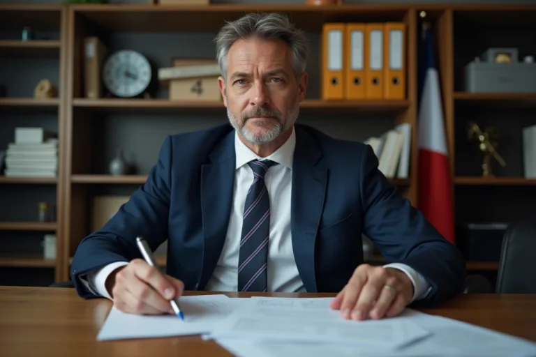Fonctionnaire français en costume examinant des documents officiels