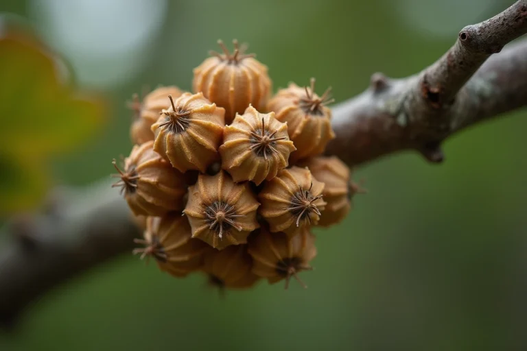 Galles de chêne sur une branche d'arbre avec trous de sortie visibles en forêt