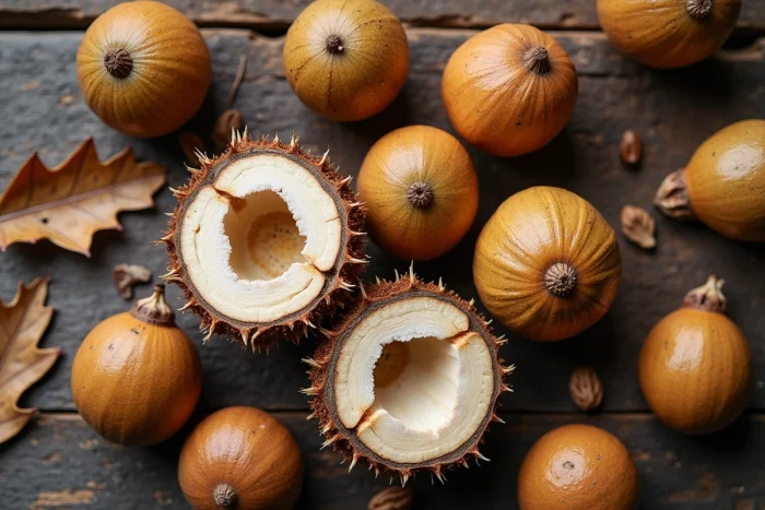 Galles de chêne coupées en deux sur une table en bois révélant leur structure interne