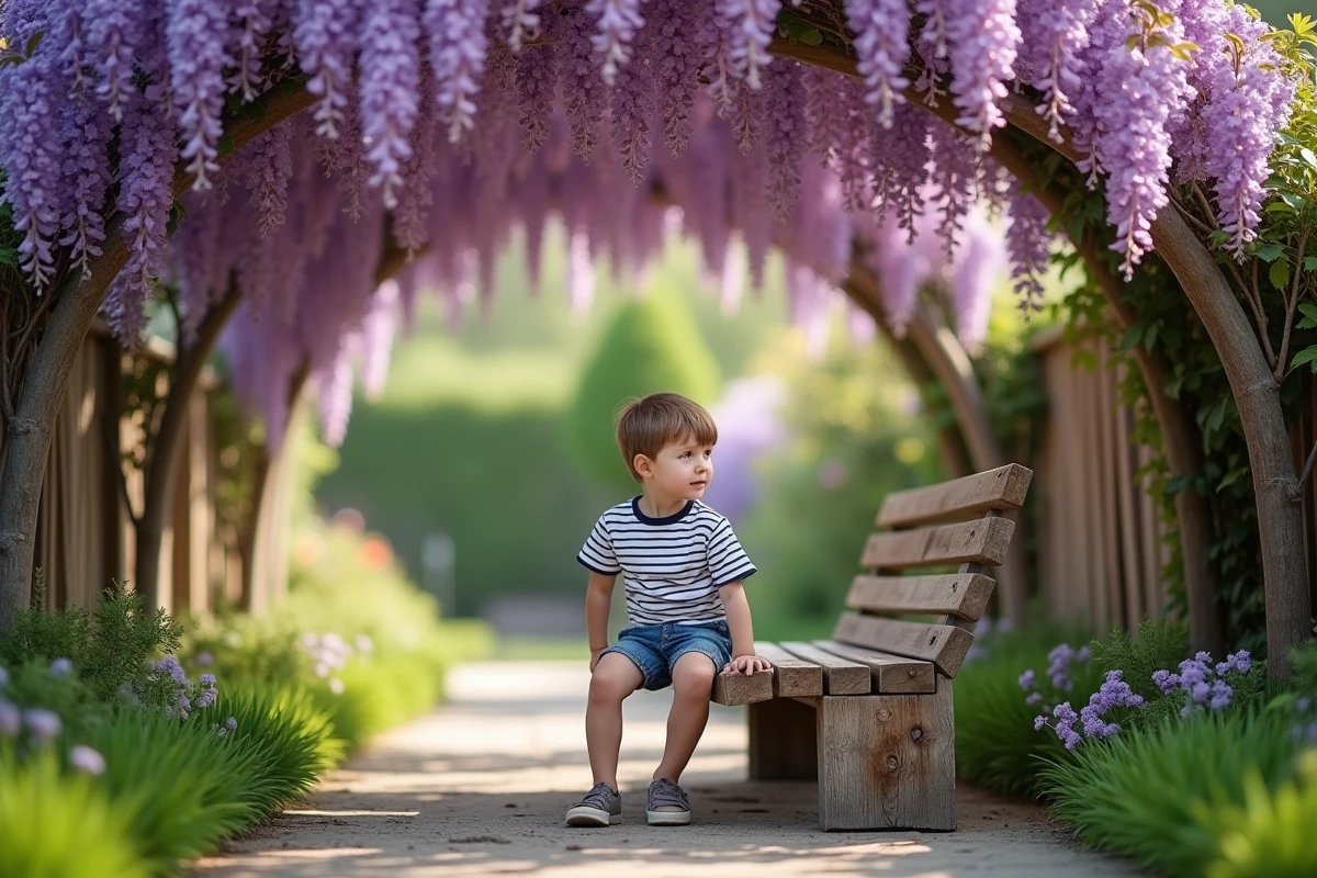 Jeune garçon sur un banc sous une glycine en forme d