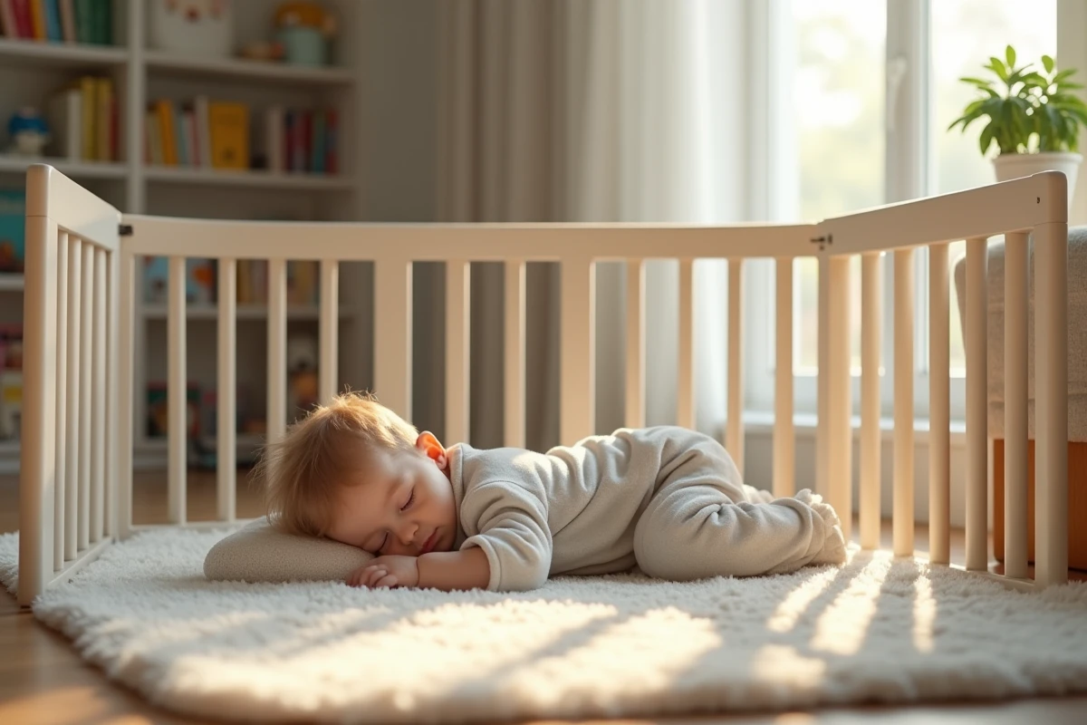 Garcon de un an dormant dans un parc pour bebe ensoleille