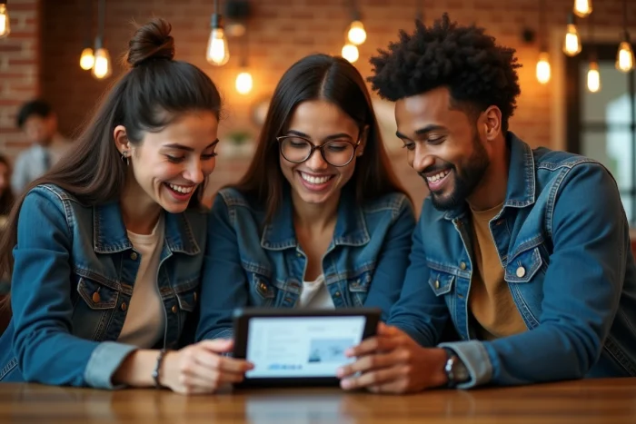 Groupe de jeunes professionnels discutant des dernières actualités numériques autour d'une tablette dans un café
