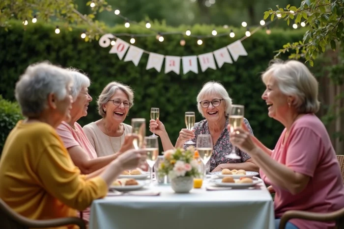 Groupe d'amies célébrant les 60 ans d'une femme dans un jardin avec des coupes de champagne et une banderole anniversaire