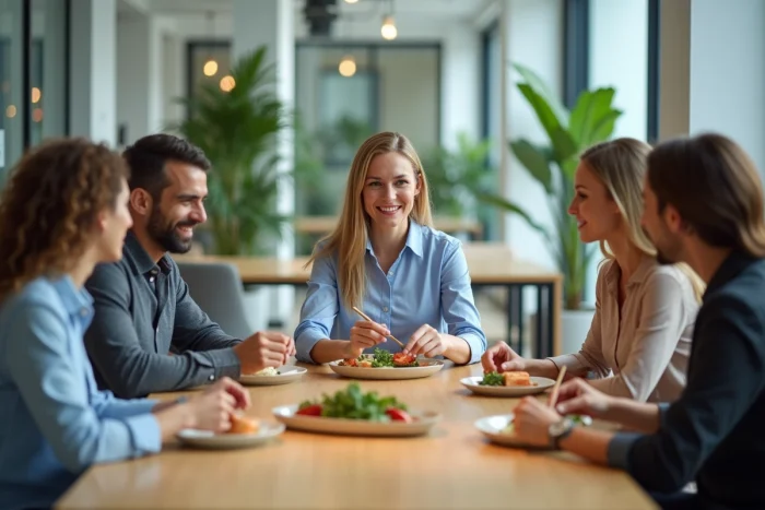 Groupe d'employes partageant un repas sain dans une cafetaria moderne