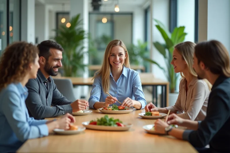 Groupe d'employes partageant un repas sain dans une cafetaria moderne