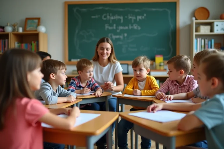 Enfants en groupe dans une classe moderne avec une enseignante