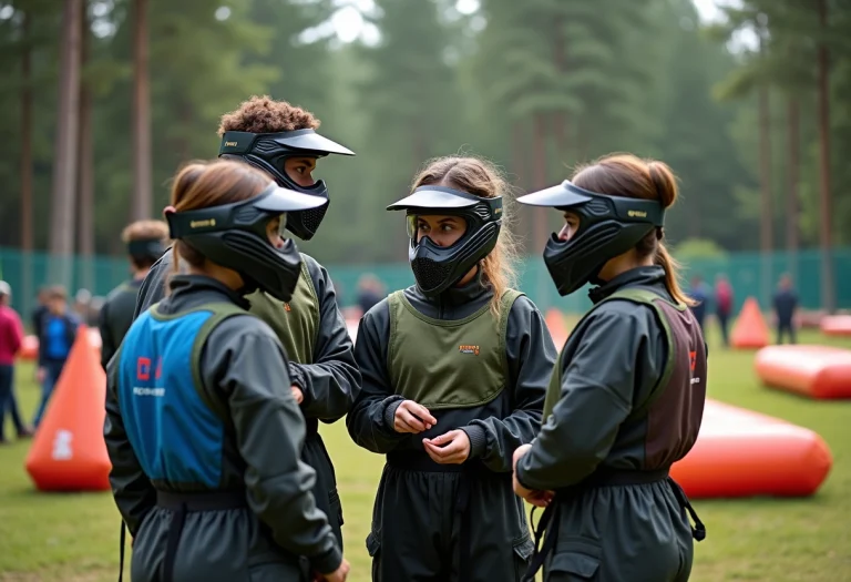 Groupe de jeunes joueurs de paintball souriants après un tournoi