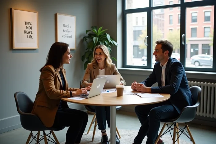Groupe de professionnels en réunion collaborative discutant d'évolution et de transition professionnelle