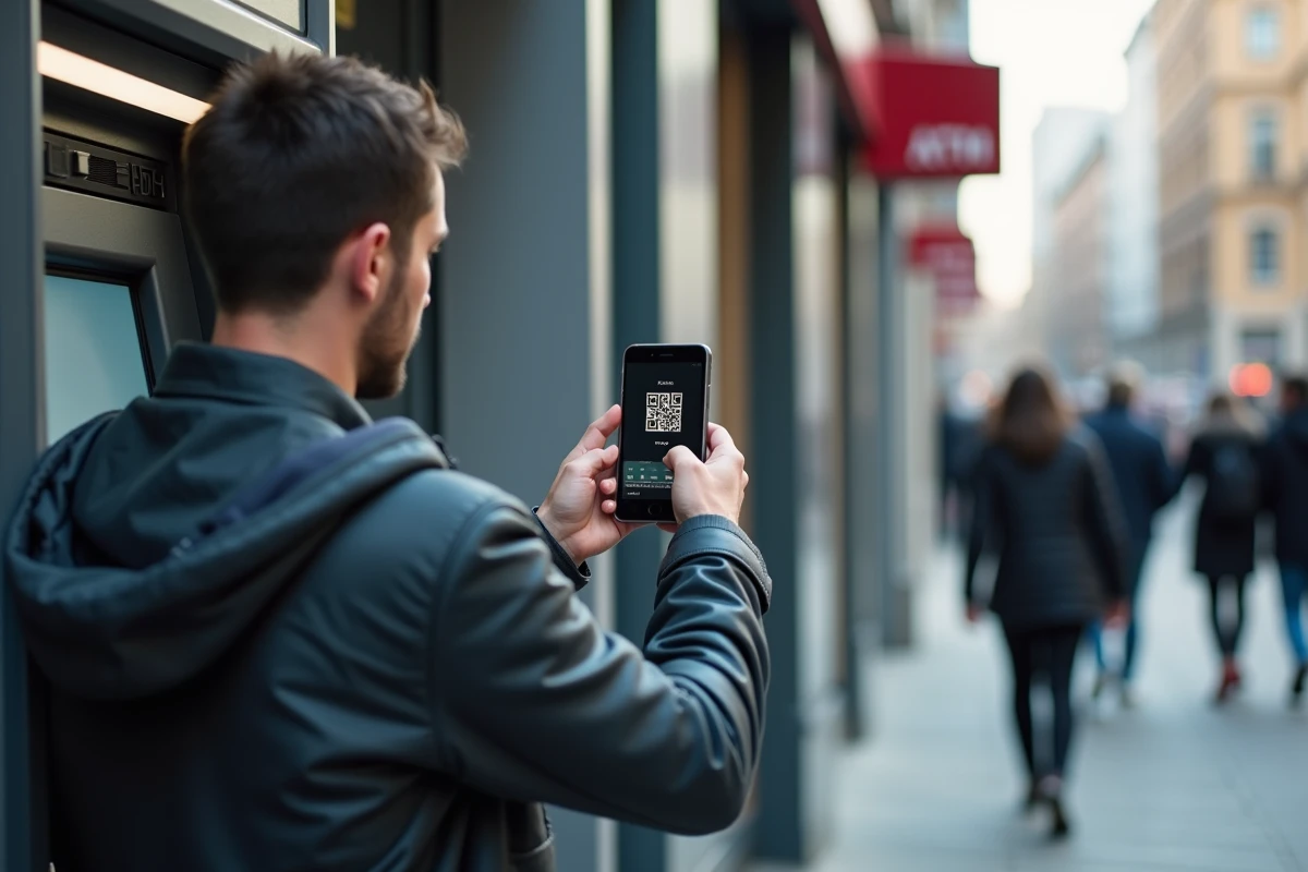 Homme utilisant un ATM pour scanner un QR code en extérieur