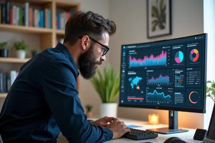 Homme analysant des tableaux de bord numériques et actualités technologiques sur grand écran à domicile
