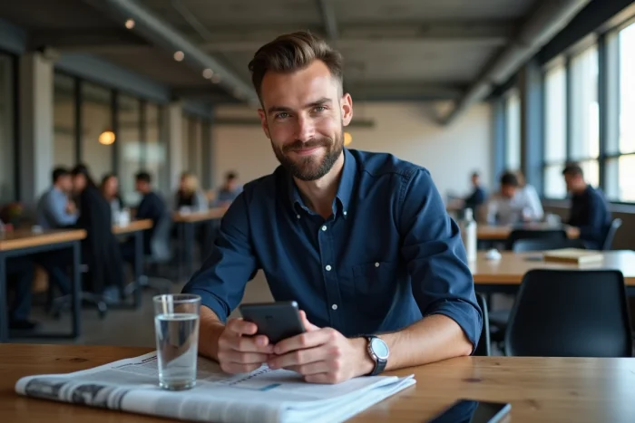 Homme en train de consulter une application de courtage boursier sur son téléphone dans un espace de coworking moderne