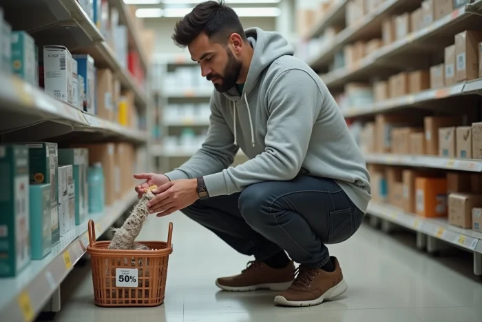 Homme examinant un article soldé dans un magasin en cours de liquidation avant fermeture